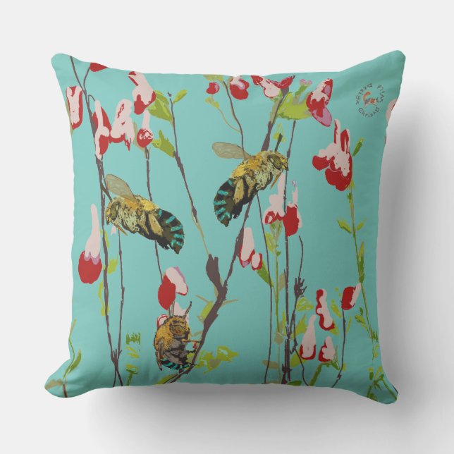 The Blue Banded Bee on Aqua by Chrissy Wild Outdoor Pillow (Front)