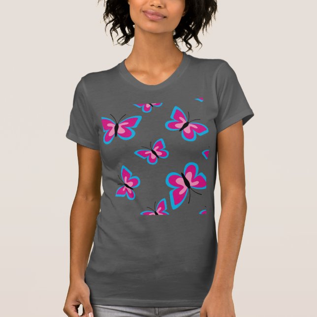 The Blue Border Pink Butterfly Pattern T-Shirt (Front)