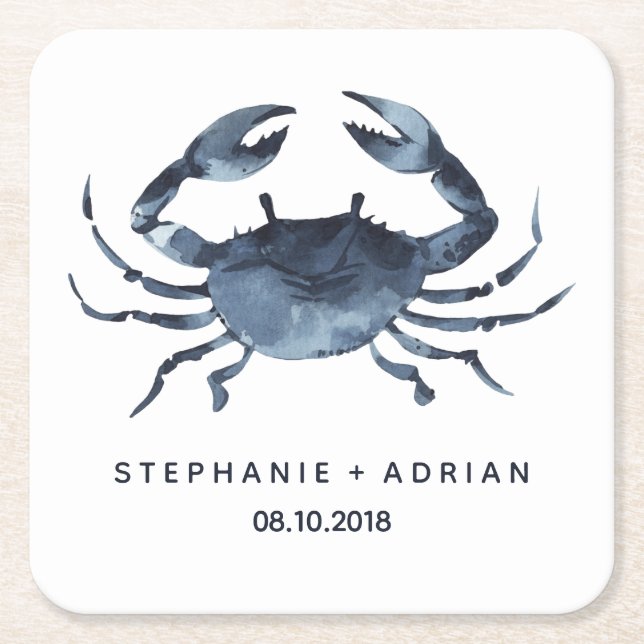 The Blue Crab | Customized Wedding Square Paper Coaster (Front)