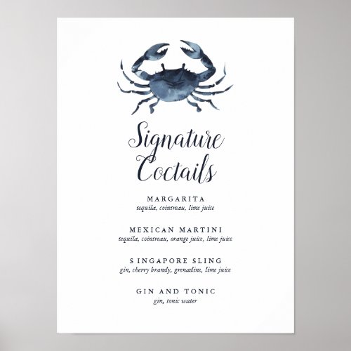 The Blue Crab  Signature Cocktail Menu Sign