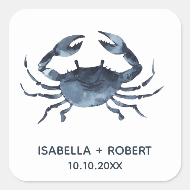 The Blue Crab | Wedding Monogram Square Sticker (Front)