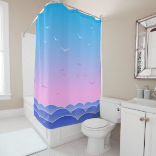 The Blue Sea, Flying Seagulls, Dawn Open Skies Shower Curtain