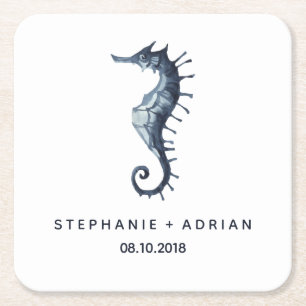 The Blue Seahorse Customized Wedding Square Paper Coaster
