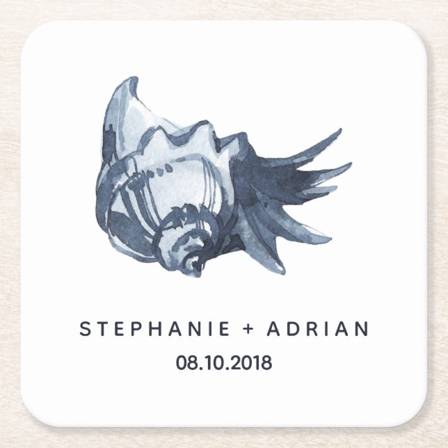The Blue Seashell | Customized Wedding Square Paper Coaster (Front)