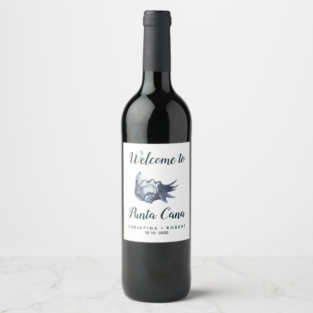 The Blue Seashell | Nautical Maritime Wedding Wine Label (Front)