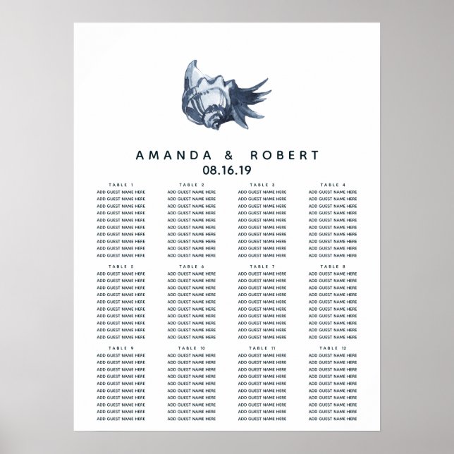 The Blue Seashell | Nautical Wedding Seating Chart (Front)