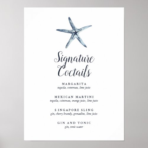 The Blue Starfish  Signature Cocktail Menu Sign
