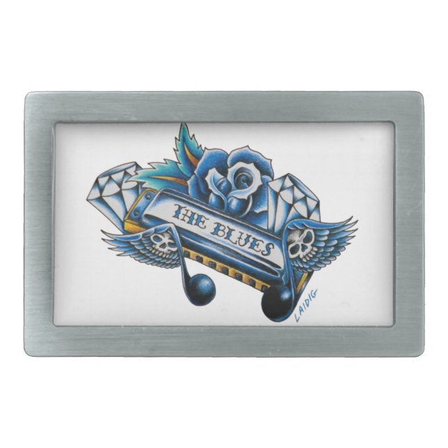 The Blues Harmonica Flash Art Rectangular Belt Buckle (Front)