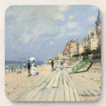 The Boardwalk at Trouville by Claude Monet Beverage Coaster<br><div class="desc">The Boardwalk at Trouville (1870) by Claude Monet is a vintage impressionist fine art painting featuring a beach at a seaside resort in Normandy, France on a beautiful sunny day. About the artist: Claude Monet (1840-1926) was a founder of the French impressionist painting movement with most of his paintings being...</div>