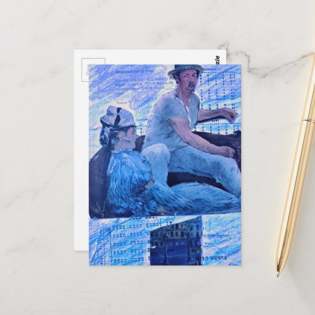 The Boat Ride mixed media collage man and woman Postcard (Front/Back In Situ)