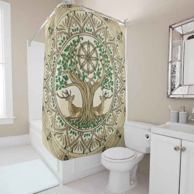 The Bodhi tree Dharma Wheel Shower Curtain (In Situ)