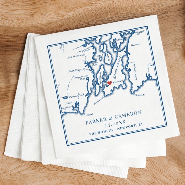 The Bohlin Wedding Newport RI Map  Napkins (The Bohlin Wedding Cocktail Napkins Newport Yachting Center Narragansett Bay Coastal Map Designs)