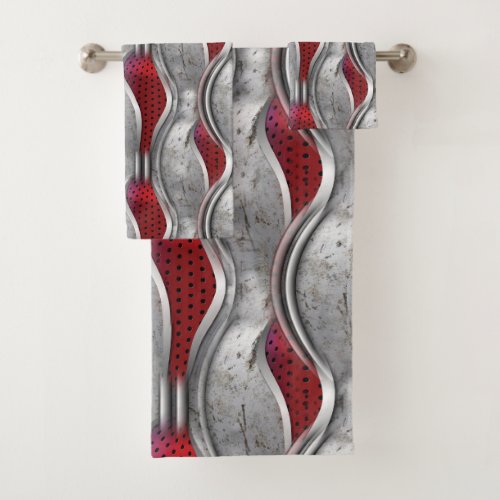 The Bold Metallic 3D Red Grey Texture Look Bath Towel Set