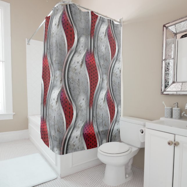 The Bold Metallic 3D Red Grey Texture Look Shower Curtain (In Situ)