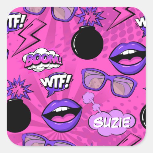 The Bomb Retro Lips Hot Pink ID553 Square Sticker