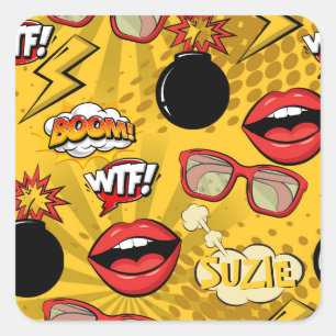 The Bomb Retro Lips Red/Gold ID553 Square Sticker