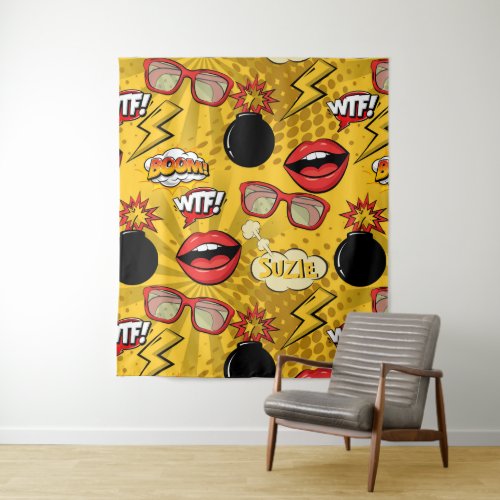 The Bomb Retro Lips RedGold ID553 Tapestry