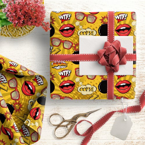 The Bomb Retro Lips RedGold ID553 Wrapping Paper