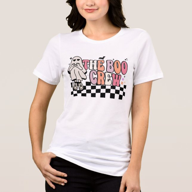 The Boo Crew Cute Groovy Retro Ghost Halloween Tri-Blend Shirt (Front)
