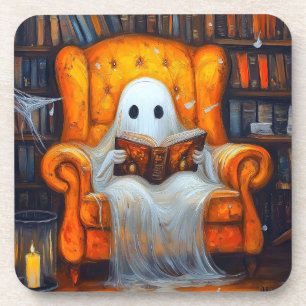 The Bookish Ghost Cozy Halloween Library Scene Beverage Coaster