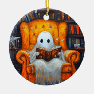 The Bookish Ghost   Cozy Halloween Library Scene Ceramic Ornament