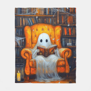 The Bookish Ghost Cozy Halloween Library Scene Fleece Blanket