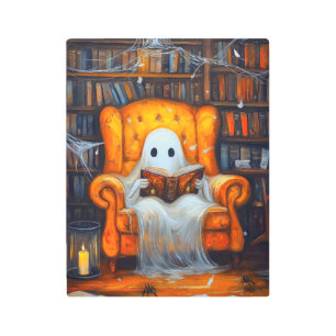 The Bookish Ghost   Cozy Halloween Library Scene Metal Print
