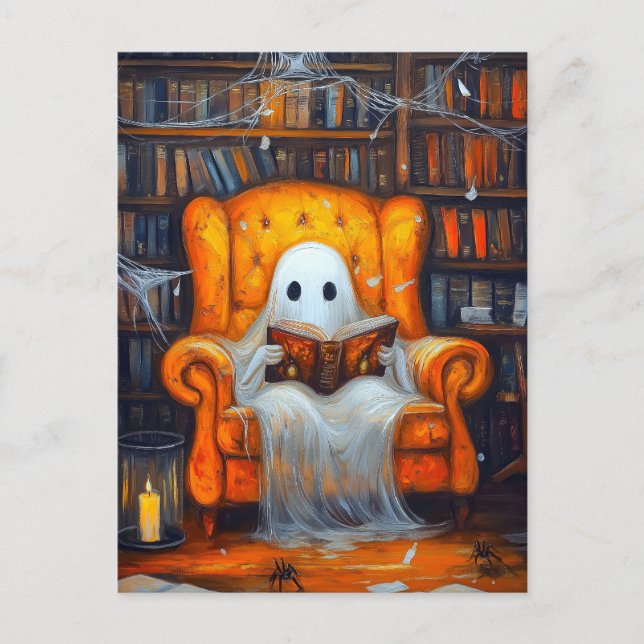 The Bookish Ghost | Cozy Halloween Library Scene Postcard (Front)