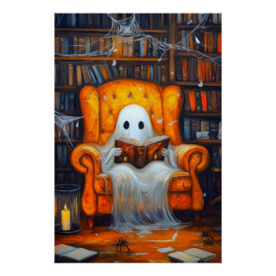 The Bookish Ghost Cozy Halloween Library Scene Poster