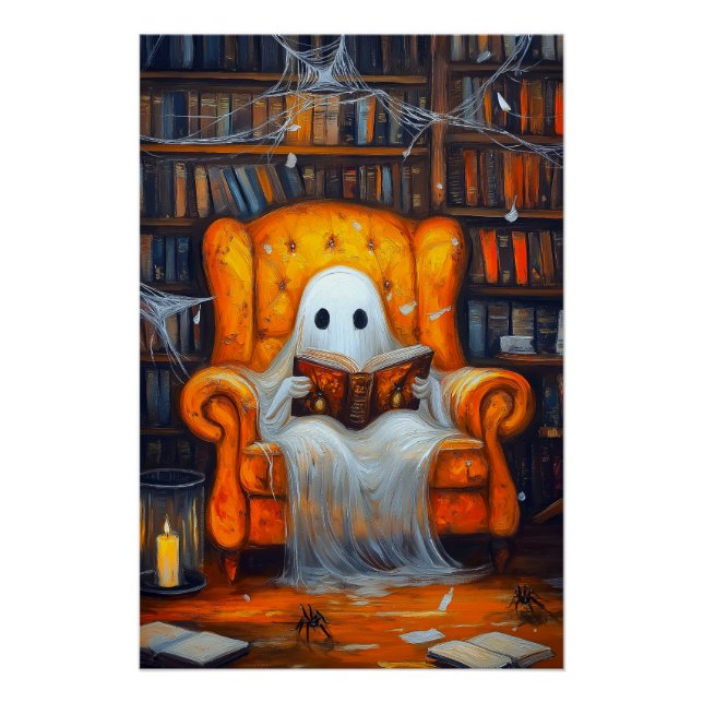 The Bookish Ghost | Cozy Halloween Library Scene Poster (Front)