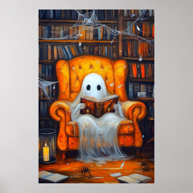 The Bookish Ghost | Cozy Halloween Library Scene Poster (Front)