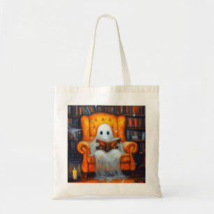 The Bookish Ghost Cozy Halloween Library Scene Tote Bag