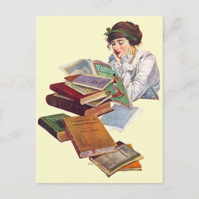 The Bookworm Reading A Fashion Magazine Postcard (Front)