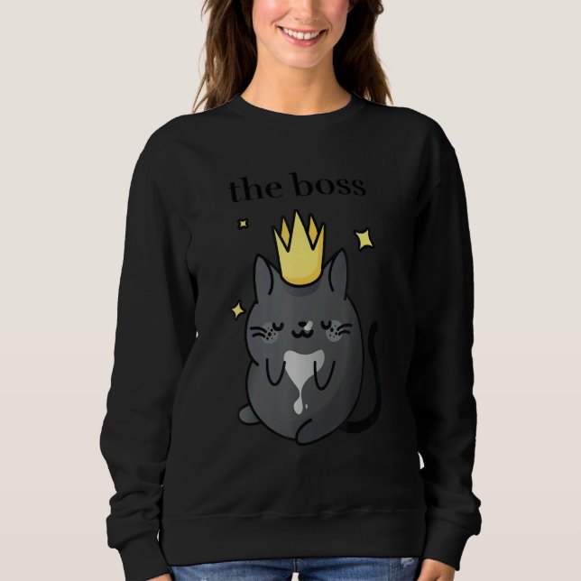 The Boss   Black Tuxedo Cat with Crown  Cozy Cat   Sweatshirt (Front)
