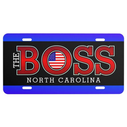 The BOSS USA with YOUR STATE Blue Stripes on BLACK License Plate