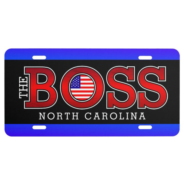 The BOSS USA with YOUR STATE Blue Stripes on BLACK License Plate (Front)