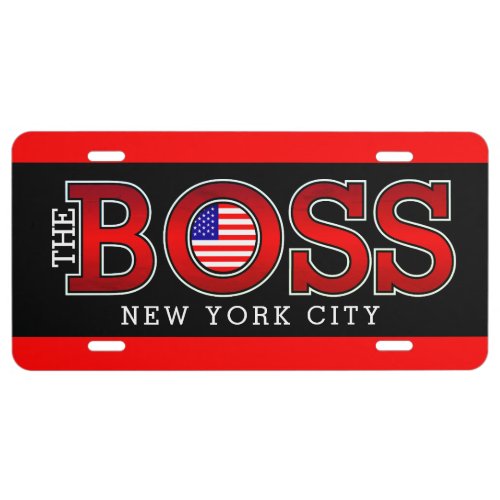 The BOSS USA with YOUR STATE Red Stripes on BLACK License Plate