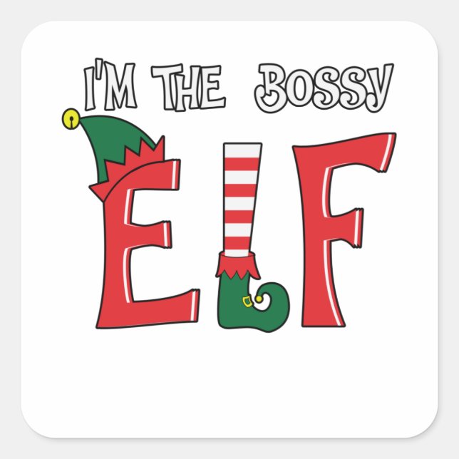 The Bossy Elf Family Matching Christmas Pajamas Square Sticker (Front)