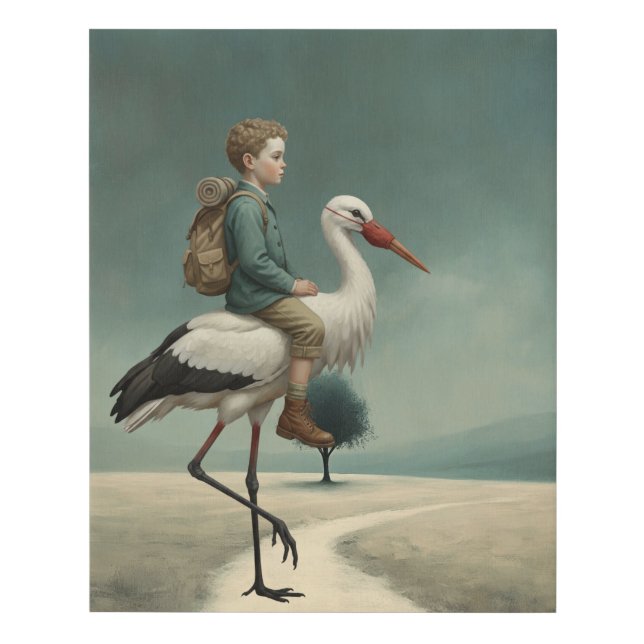 The Boy On the Stork | Surreal Storybook Faux Canvas Print (Front)