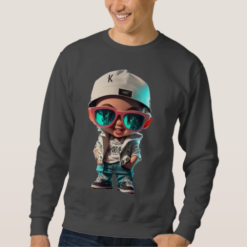 The boy poses in stylish clothes hip hop sweatshirt