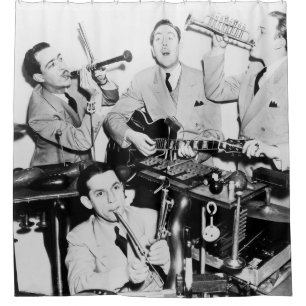 The boys in the bandvintage, music, band, retro, s shower curtain