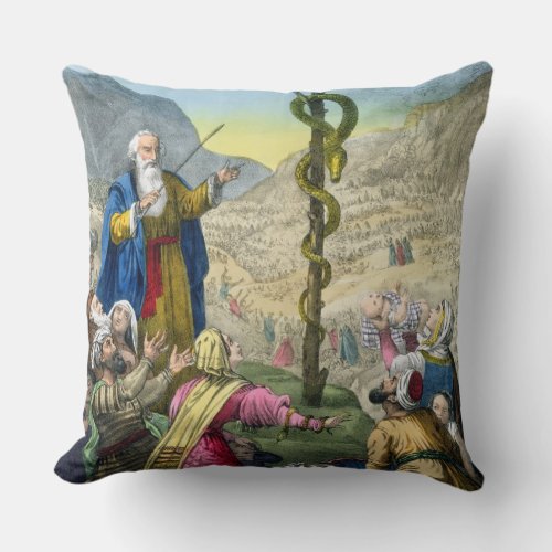 The Brazen Serpent from a bible printed by Edward Throw Pillow