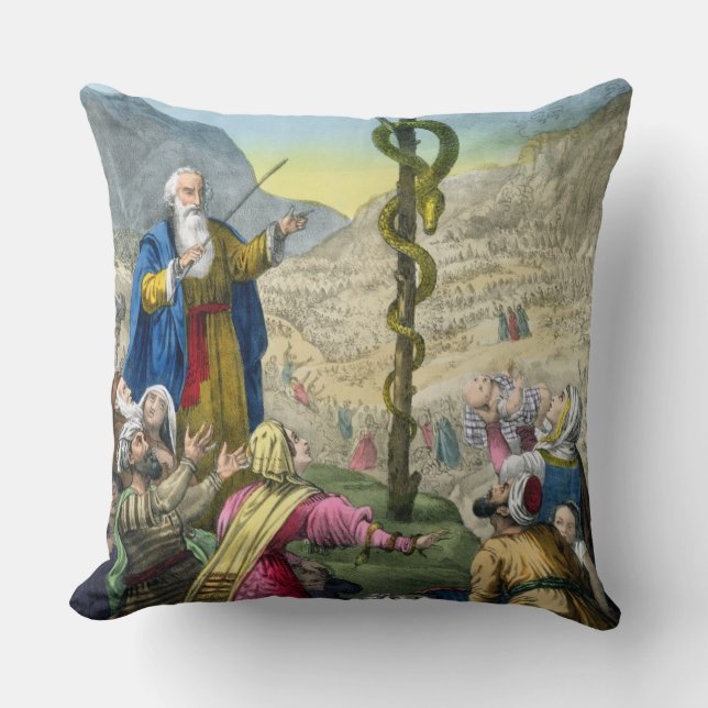 The Brazen Serpent, from a bible printed by Edward Throw Pillow (Front)