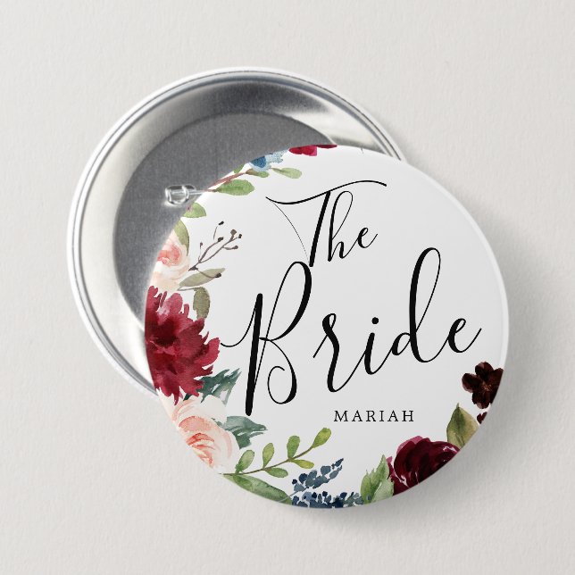The Bride | Burgundy Bouquet Custom Name Wedding Button (Front & Back)