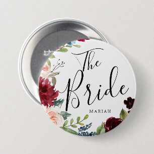 The Bride   Burgundy Bouquet Custom Name Wedding Button