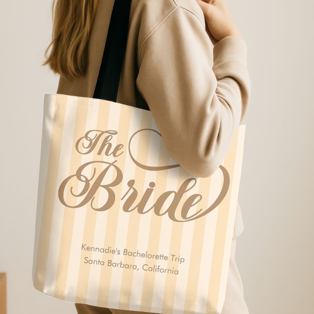 The Bride Elegant Calligraphy Champagne Stripe Tote Bag (Creator Uploaded)