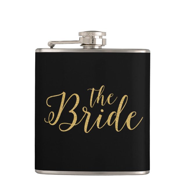 The Bride-Gold Glitter Typographical Design Flask (Front)
