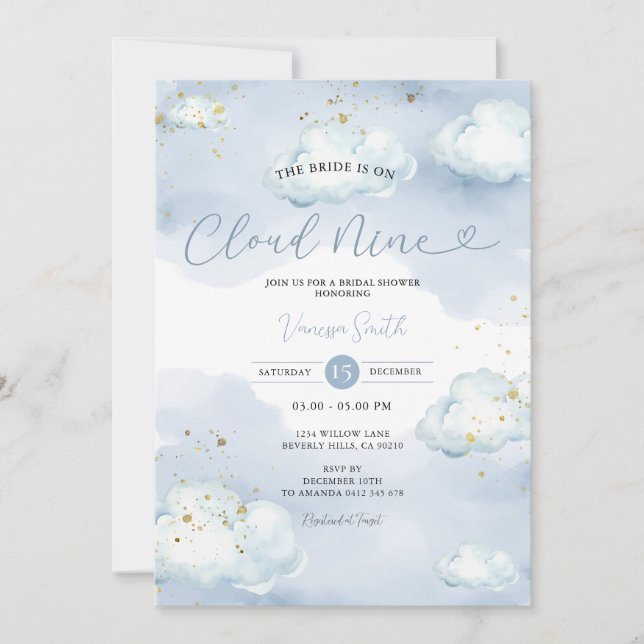 The Bride is Cloud Nine Bridal Shower Gold Glitter Invitation (Front)