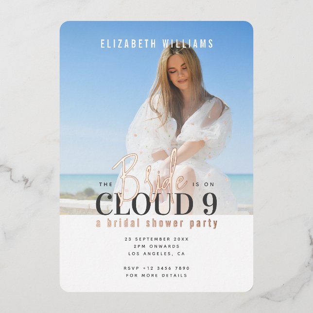The Bride is On Cloud 9 with Photo Bridal Shower Foil Invitation (Front)