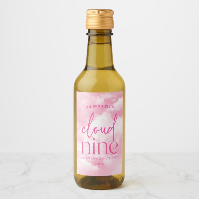 The Bride Is On Cloud Nine Pink Bachelorette Party Wine Label (Front)
